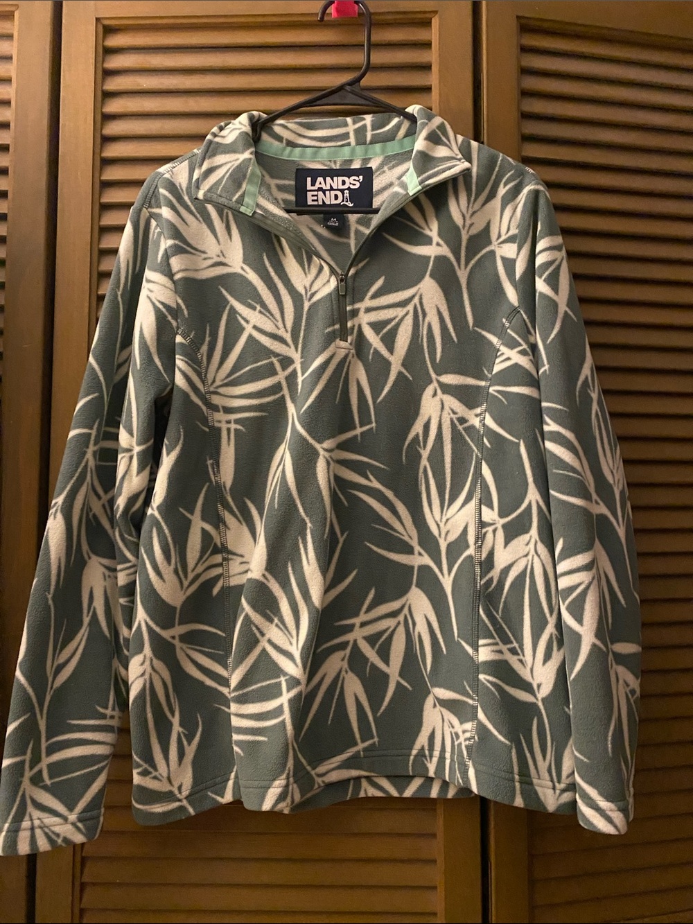 Lands' End Green & White Botanical Quarter-Zip Fleece